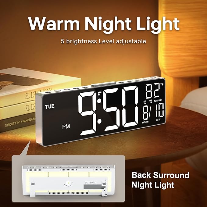 JALL 10.5'' Digital Large Alarm Clock with 8-in-1 RGB Colors, Date, Month, Temperature LED, Auto DST, Modern for Desk, Wall, Living Room, Bedroom, Birthday Xmas Gift (White, 10.5 inches)