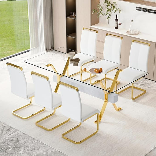 7 Piece Glass Dining Table Set, 79" Modern Dining Table Set for 6, 0.5" Thick Tempered Glass Tabletop with Silver Chrome Metal Legs and Grey Crossbar, 6 PU Chairs for Dining Room, Kitchen