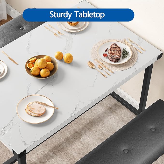 GarveeHome Dining Table Set for 4, Kitchen Table with 2 Upholstered Benches, Wood Kitchen Dining Room Set, for Small Space, Apartment, Home, Dinner, Marble White
