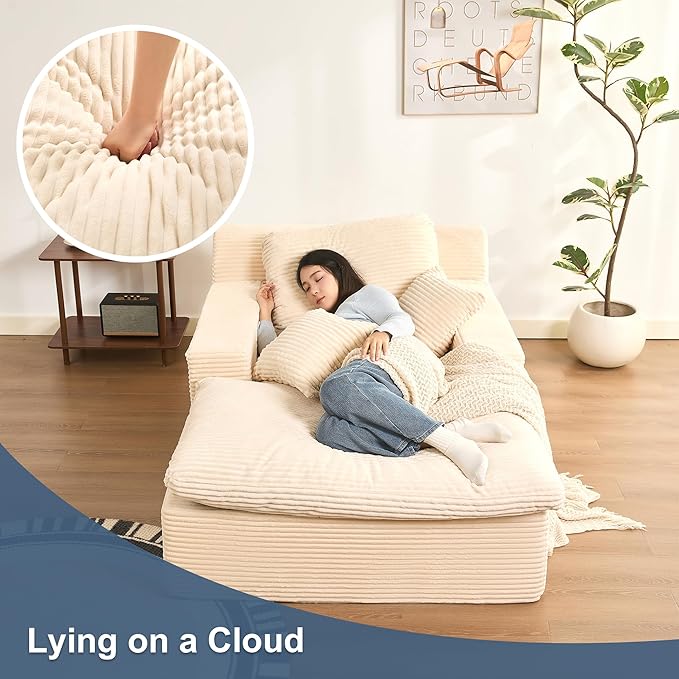 63" Oversized Chaise Lounge Chair Indoor, Extra Cloud Layer, Convertible Sleeper Sofa Couch with Removable Pillows & Side Pockets, Corduroy Upholstered Sofa Bed with Armrests for Living Room, Beige