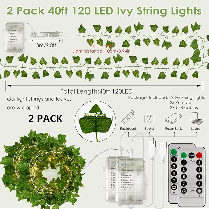 OMIKA 2 Pack 40FT 120LED Vine Fairy Lights Battery Operated, 8 Modes & Timer Ivy String Lights with Remote, Green Leaf Light for Indoor Bedroom Classroom Wall Garden Party Wedding Decor (Warm White)