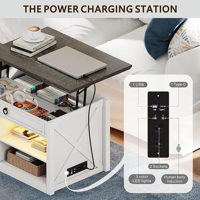 Lvifur 48" Farmhouse Lift Top Coffee Table with LED Lights & Charging Station, Living Room Center Table with 2 Hidden Storage Compartments, Lifting Tabletop and Adjustable Shelf (White)