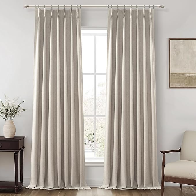 Grey Flax Beige 120 Inch Length Linen Pinch Pleated Viral Thick 10 ft Curtains Blackout & Drapes 2 Panels Set for Living Room, Tall High Ceiling Large Windows Bug with Memory Trained(40"Wx120"Lx2)