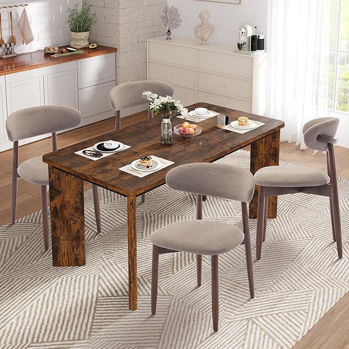 5-Piece Rectangular Dining Table Set for 4, 63" Industrial Kitchen Table with 4 Wooden Upholstered Dinner Chairs for Dining Room, Kitchen, Living Room, Brown+Camel