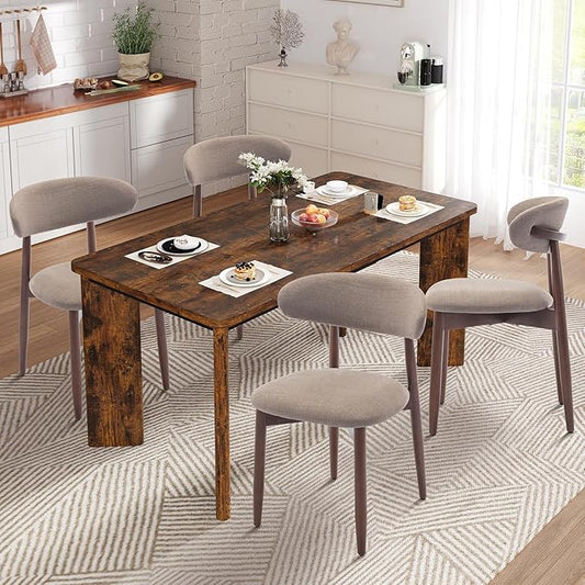 5-Piece Rectangular Dining Table Set for 4, 63" Industrial Kitchen Table with 4 Wooden Upholstered Dinner Chairs for Dining Room, Kitchen, Living Room, Brown+Camel