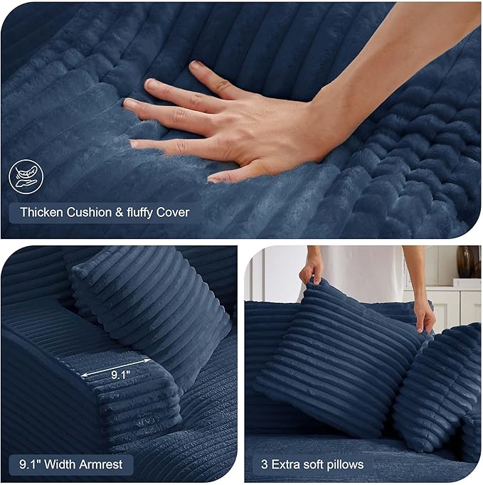 GNIXUU Oversized Chaise Lounge Chair Indoor, Comfy Fluffy Lounge Sofa Upholstered Sleeper Sofa Couch with Throw Pillows and Armrests, Corduroy Plush Cloud Chair for Living Room, Blue