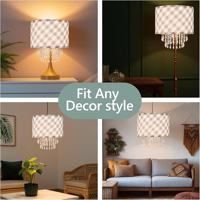 Star Vision Checkered Drum Fabric Lampshade with Crystal Beaded Droplets, Farmhouse Chic Light Shade for Pendant Table Wall & Floor Lamps, Neutral Home Decor for Bedroom Living Room Entryway