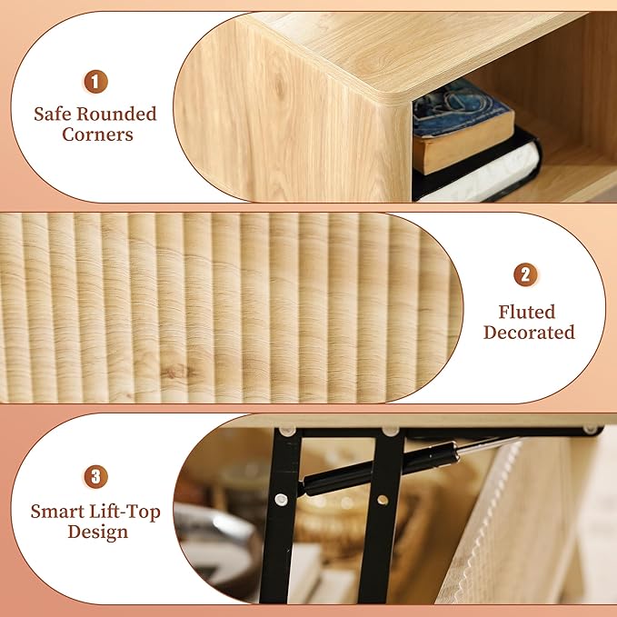 LYNCOHOME Fluted Lift Top Coffee Table with Hidden Compartment, Modern Center Table for Living Room, Home Office, Natural