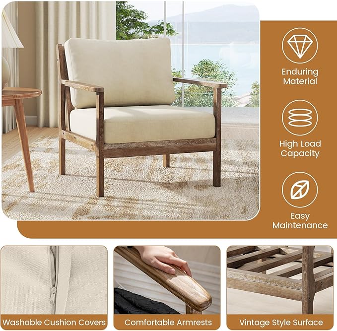 Giantex Mid Century Modern Accent Chair, Wooden Arm Chair w/Solid Wood Frame, Removable Seat Cushion & Pillow, Vintage Comfy Reading Chair for Living Room, Bedroom, Study