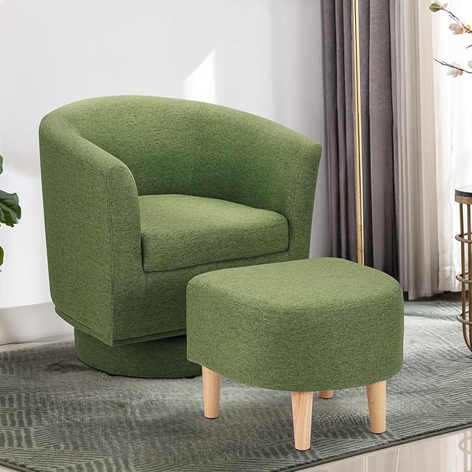 DAZONE Green Swivel Accent Chair with Ottoman, Comfy Barrel Armchair for Small Spaces, 360° Modern Fabric Lounge Chair for Living Room, Bedroom, Reading Nook, Home Office