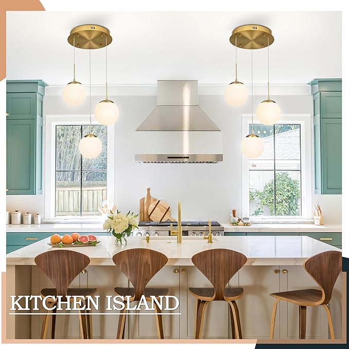 KoKo&Yukina 3-Light Globe Glass Pendant Light Modern Gold Globe Chandelier Adjustable Length Pendant Light Fixtures Milky White Glass Lights Fixture for Hallway Living Room Bedroom