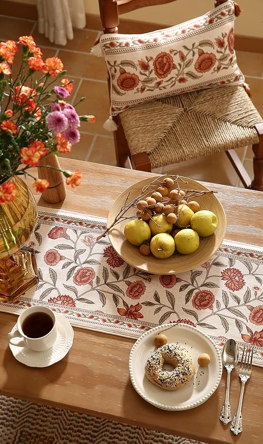 Designer Elegant Linen Table Runner 102 Inches Long,Vintage Orange Floral Pattern Table Runners for Dining Tables,Kitchen Decor,Thanksgiving,Christmas,Banquet,12"*102"-Alvarado A