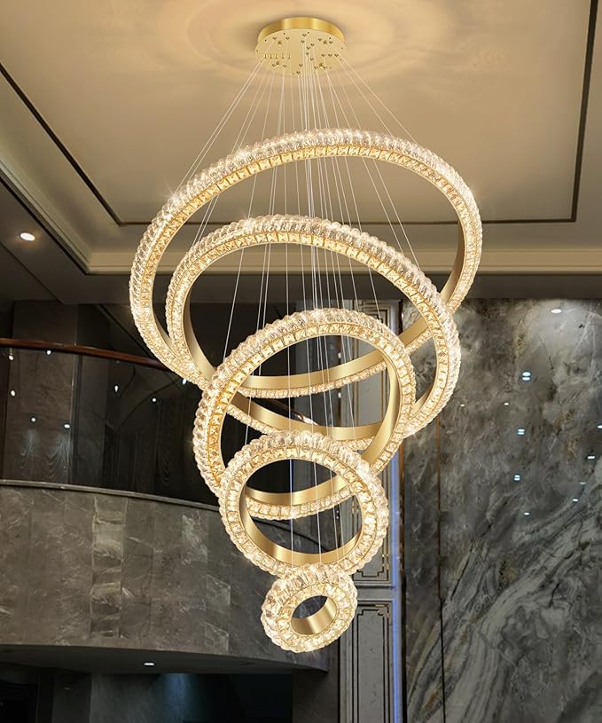 5 Ring Large Crystal Chandelier Modern LED Dimmable High Ceiling Chandelier Ring Contemporary Pendant Light Fixture for Living Room Foyer Staircase Gold D40''
