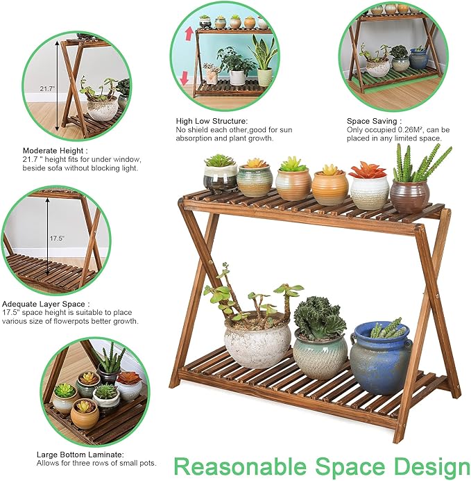 Wooden Plant Stand Indoor 2 Tier Narrow Plant Stand Outdoor Plant Shelf Display Rack Corner Flower Rack Stand for Living Room Garden Patio Balcony (X-Cross Design)
