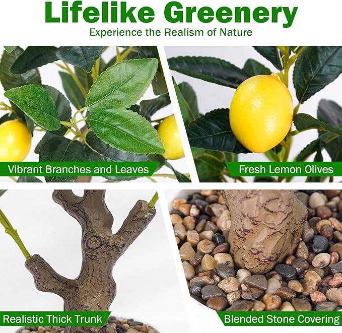 24Inch Fake Lemon Tree, Lemon Decor for Tabletop, Desk, Centerpiece, Home, Kitchen, Living Room, Artificial Potted Plants with White Planter and Stone Cover