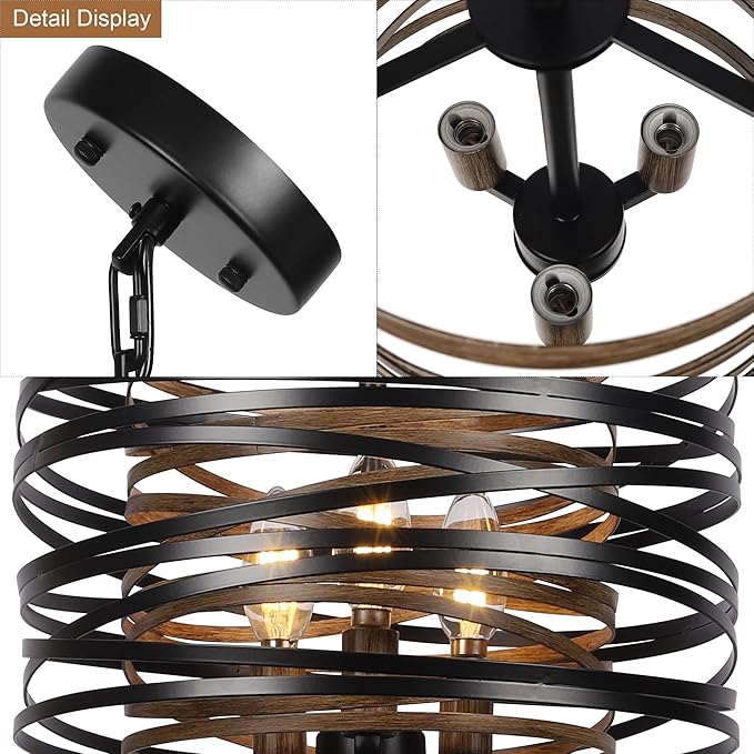 3-Light Dining Room Chandelier，12.6" Rustic Black Drum Chandeliers，Wood Grain and Vintage Light Fixture for Kitchen Entryway Living Room