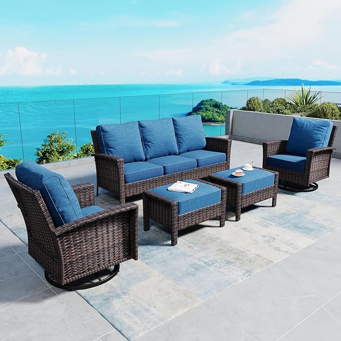 Patio Furniture Set with Swivel Chairs, High Back Wicker Rattan Sofa Chairs with 5.5" Thick Cushion and 2 Ottoman, Outdoor Conversation Set for Backyard Deck, Blue