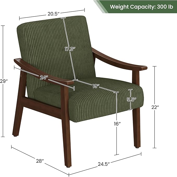 Yaheetech Corduroy Accent Chair, Mid-Century Modern Armchair with Solid Wood Legs, Reading Leisure Chair with High Back for Living Room Bedroom Waiting Room, Set of 2, Dark Green