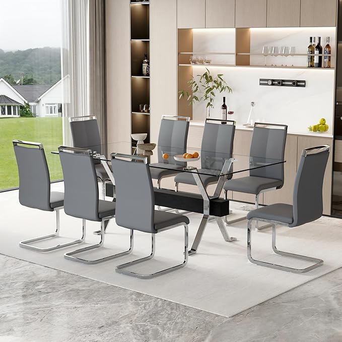 9 Piece Glass Dining Table Set, 79" Modern Dining Table Set for 8, 0.5" Thick Tempered Glass Tabletop with Silver Chrome Metal Legs and Black Crossbar, 8 PU Chairs for Dining Room, Kitchen