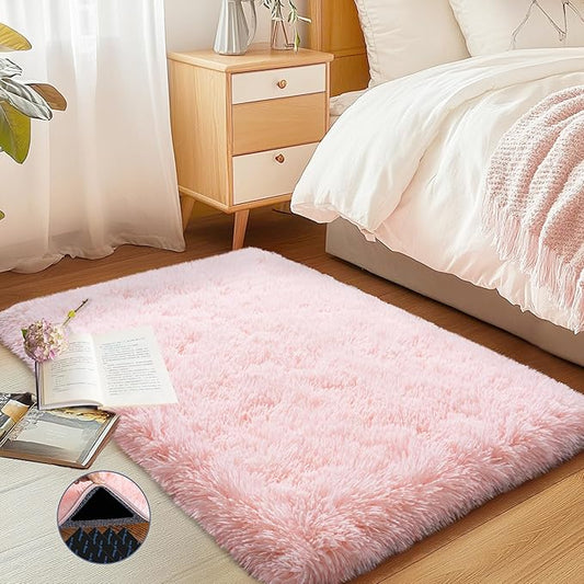 Pink Area Rug for Bedroom, 2x3 Small Rugs for Living Room Nursery Kids Room Dorm Home Decor Aesthetic, Fluffy Shaggy Rug with 4 Anti-Slip Carpet Tapes