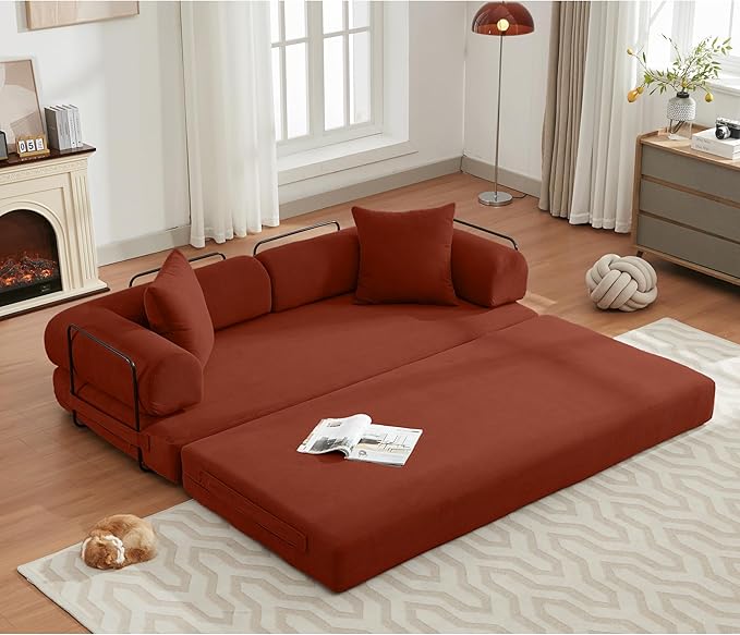 Convertible Sleeper Sofa Bed with Cylindrical Pillow, Corduroy Folding Boneless Couch with Fixed-Shape Frame, Floor Sofa Lounge Couch for Living Room Bedroom Lounge Studio-Ancora Red