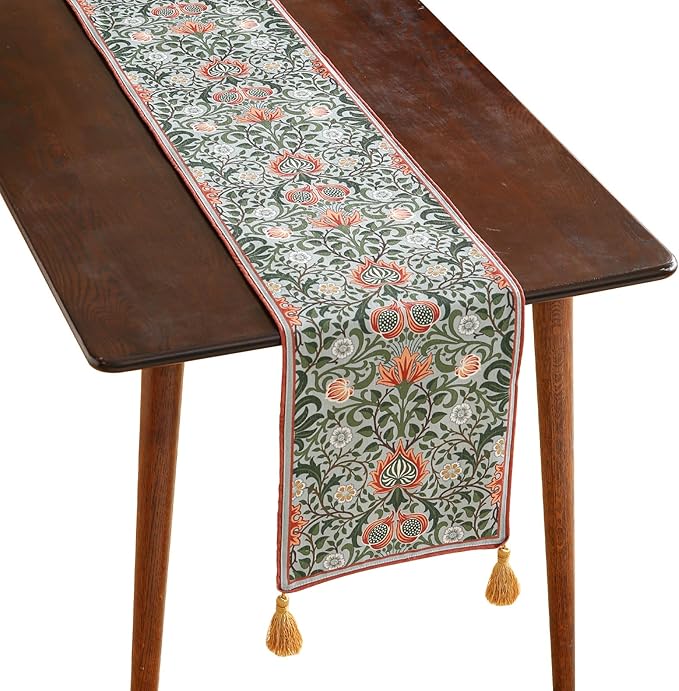 Designer French Green Elegant Linen Table Runner 71 Inches Long,Colorful Flower Pattern Soft Table Runners for Dining Tables,Thanksgiving,Kitchen Tables,Christmas,12"*71"-Naples B