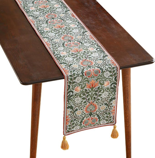 ISAENNE Designer French Green Elegant Linen Table Runner 87 Inches Long,Colorful Flower Pattern Soft Table Runners for Dining Tables,Thanksgiving,Kitchen Tables,Christmas,12"*87"-Naples B