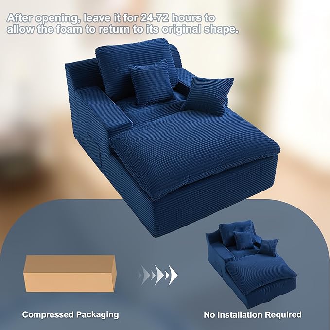 63" Oversized Chaise Lounge Chair Indoor, Extra Cloud Layer, Convertible Sleeper Sofa Couch with Removable Pillows & Side Pockets, Corduroy Upholstered Sofa Bed with Armrests for Living Room, Blue
