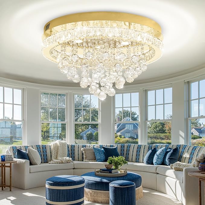 24" Modern Crystal Chandeliers for Dining Room Gold Ceiling Chandelier Flush Mount Crystal Ceiling Light for Bedroom Living Room Hallway