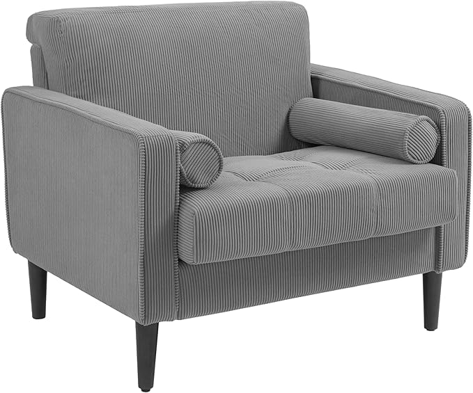 UIXE Accent Chair, Corduroy Upholstered Arm Chairs for Living Room, Comfy Armchair Mid-Century Track Armrest Single Sofa Bedroom Reading Seat with 2 Bolster Pillows - Light Gray, Set of 1