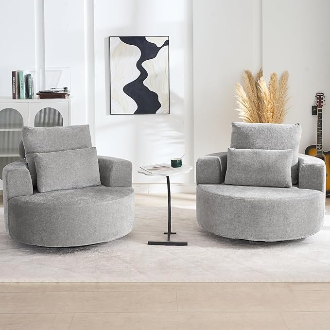 Furnimart 40" Oversized Barrel Accent Chair Set of 2, 360° Swivel Round Upholstered Sofa, Chenille High-Resilience Sponge, No Assembly, Wide Seat for Living Room, Bedroom, Apartment (Gray)