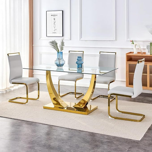 63” Glass Dining Table Set for 4,Gold Dining Room Table Set for 4,Modern Kitchen Table and PU Leather Chairs for 4, Dinner Table with Rectangle Tempered Glass Top and Golden Base