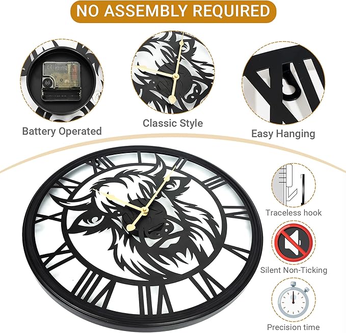 24Inch/60CM Large Wall Clocks Battery Operated, Slient, Black, Metal, Non-Ticking Wall Clock for Living Room Decor,Bedroom, Kitchen, Dining Room (Highland Bull Wall Clock, 24 Inch)