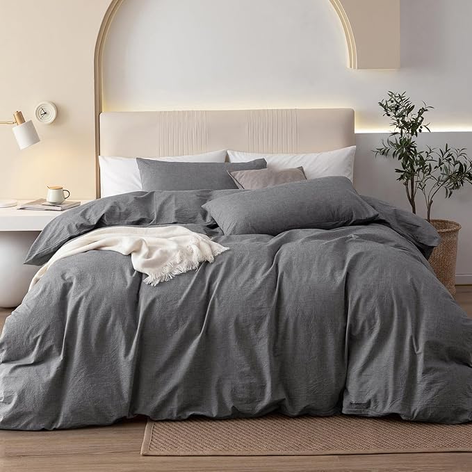 JIYUAN 100% Washed Cotton Duvet Cover Set 3 PCS Oversized King, 1 Duvet Cover 120"x98" (Comforter Not Included) and 2 Pillowcases,Linen Feel Bedding Set Comfy and Breathable, Heathered Dark Grey