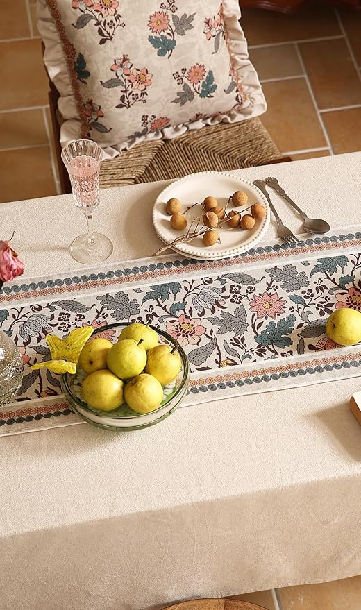 Designer Bohemian Linen Table Runner 87 Inches Long,Elegant Lotus Flowers Pattern Decor Table Runners for Dining Tables,Thanksgiving,Kitchen Tables,Christmas,12"*87"-Hazel A