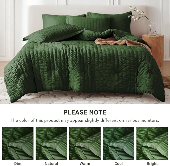 MUXHOMO 7 Pieces Queen Comforter Set, Seersucker Bed in a Bag Queen Size, All Season Luxury Bedding Set with Comforter, Flat Sheet, Fitted Sheet, Pillowcases & Shams, Dark Green