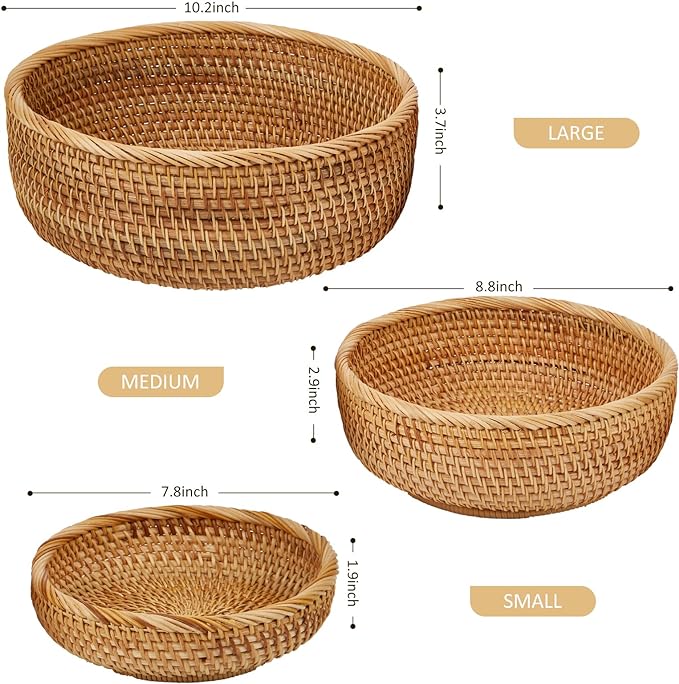 Natural Rattan Round Fruit Basket Bowls, Hand Woven Decor Serving Baskets, Wicker Storage for Dinning Room (Round-Combo)