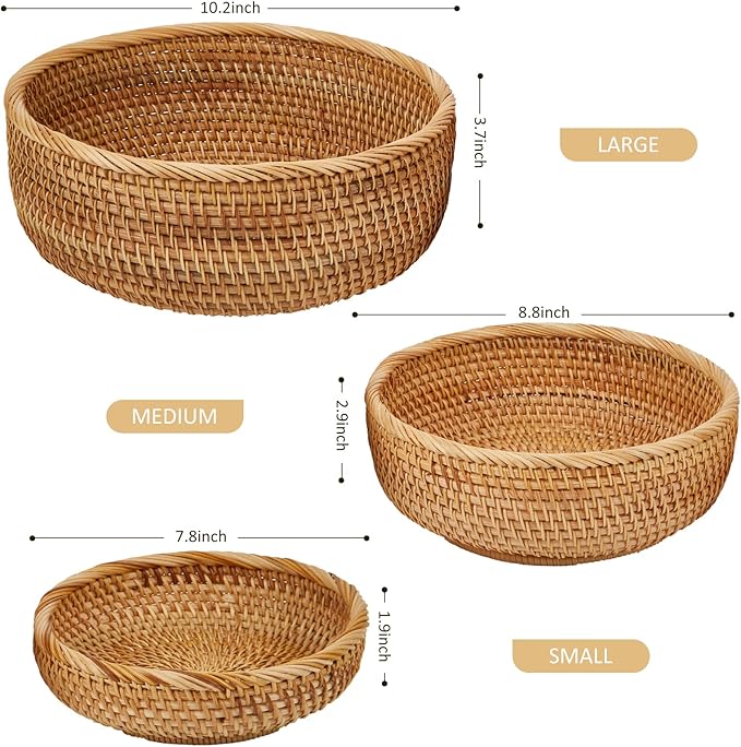 Natural Rattan Round Fruit Basket Bowls, Hand Woven Decor Serving Baskets, Wicker Storage for Dinning Room (Round-Medium)