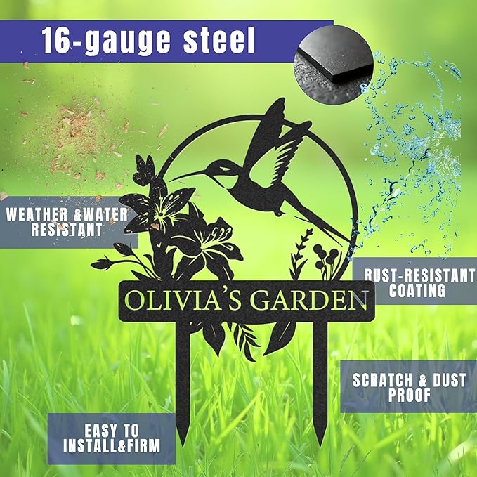 Custom Metal Garden Sign, Personalized Name Sign for Garden, Hummingbird Yard Decor, Outdoor Yard Stakes, Gifts for Plant Lovers