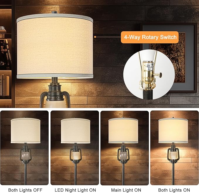 Farmhouse Lantern Floor Lamp with Tray for Living Room with Nightlight Vintage Tall Lamp with Linen Fabric Shade Industrial Standing Lamp for Bedroom Office Home House Study(Bulb Included)