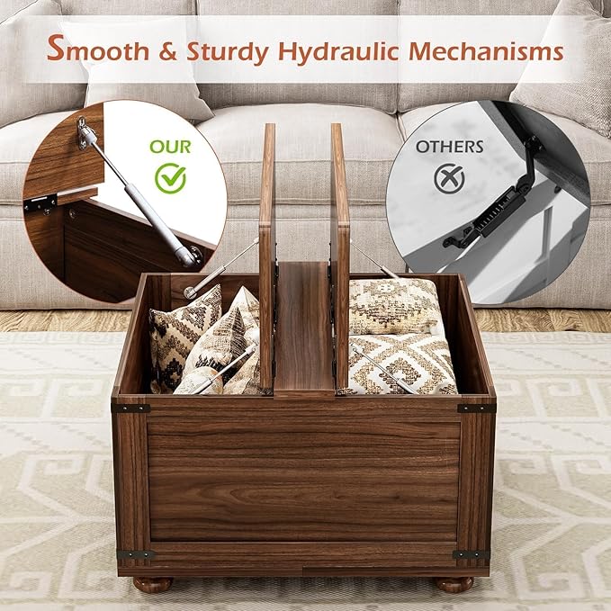 Farmhouse Coffee Table with Storage, Large Square Coffee Table with Wood Gourd Feet and Hydraulic Gas Rod for Living Room, Walnut