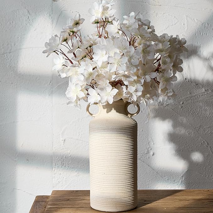 Ceramic Rustic Vase with 2 Round Handles, Antique Farmhouse Flower Vase, Vintage Terracotta Vases for Home Decor, Wedding, Living Room, Table, Shelf Decor - 10.2 Inch Tall, White
