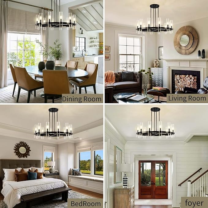 12 Light Black Round Chandelier 36'' Wagon Wheel Chandeliers for Dining Room Light Fixture Clear Glass Tube Chandelier Modern Farmhouse Chandeliers for Living Room Bedroom, Bulb Included