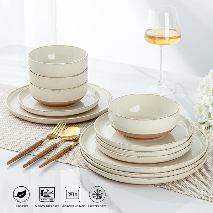 AmorArc Ceramic Dinnerware Sets for 4, 12 Pieces Handpainted Plates and Bowls Set with Rustic Terracotta Underside, Scratch Resistant Stoneware Dishes Set, Dishwasher & Microwave Safe, Beige