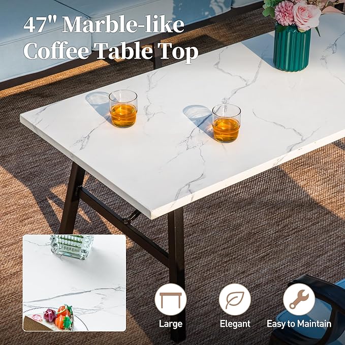 6 Piece Metal Outdoor Patio Furniture Set, Patio Conversation Set 1 3-Seater Sofa, 2 Rocking Chair, 2 Leg Chair with 5.75" Thick Cushion and Coffee Table, Backyard Furniture Set, Blue