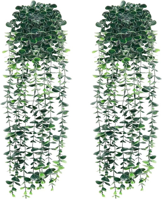 Artificial Hanging Eucalyptus Plants，Fake Plants Eucalyptus Small Decor Faux Hanging Vine Plants Wall Greenery for New Home Decoration，for Floating Shelf Indoor Outdoor Pack of 2