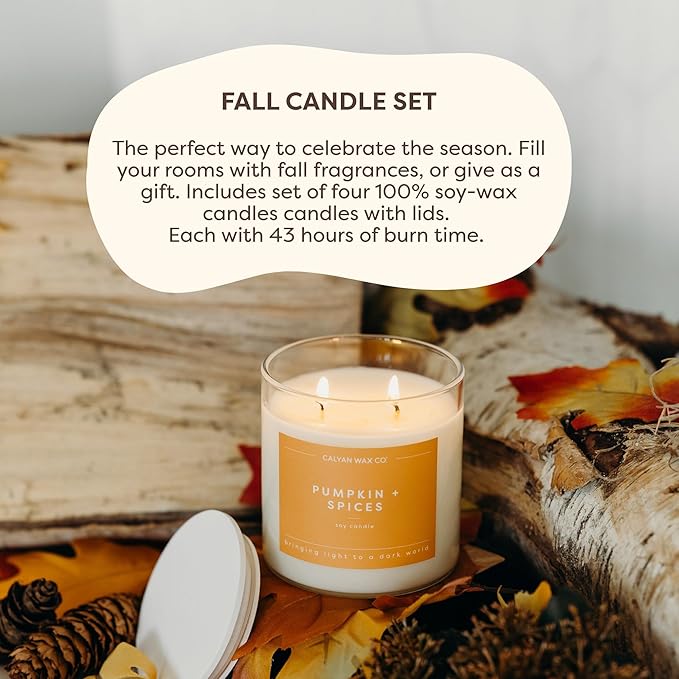 Calyan Wax Co. Fall Scented Candle Set, Fall Bundle of 4 Scented Candles, Bulk 3 Wick Candles, Non Toxic & Vegan Soy Wax, Candle Gift Set, 43 Hour Burn Time, 14.9oz Each