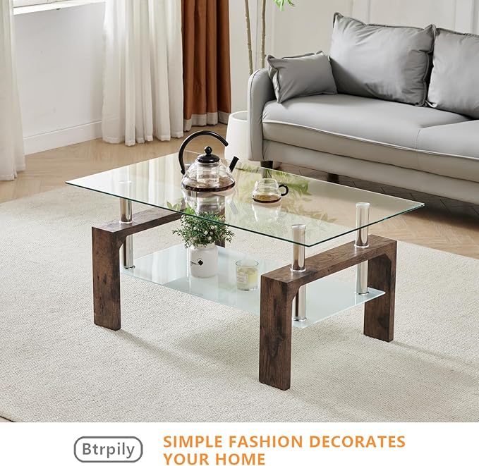 Living Room Rectangle Coffee Table, Tea Table Suitable for Waiting Room, Modern Side Coffee Table with Wooden Leg, Glass Tabletop with Lower Shelf.(Brown)