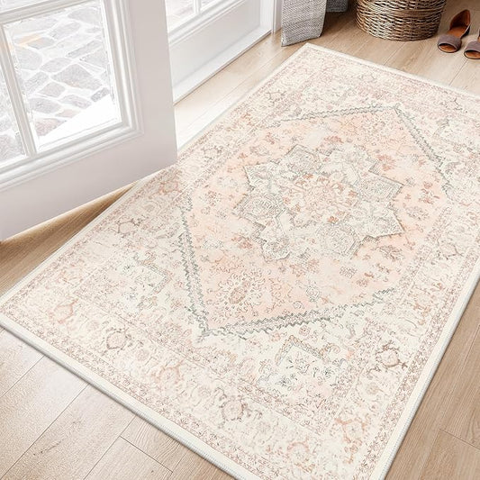 LIVEBOX Pink Carpet 3x5 - Oriental Floral Non-Slip Indoor Rug for Kitchen Entrance, Faux Wool Front Door Mat, Pet Friendly Accent Throw Rug for Bedroom Entry Foyer Laundry Room, Pink