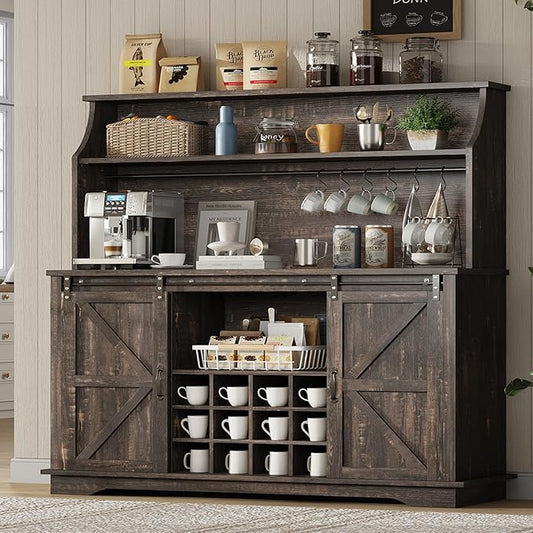 55 Inch Farmhouse Coffee Bar Cabinet with 3-Tier Storage, Kitchen Hutch with12 Wine Racks & 3 Glass Holders, Coffee Bar with 6 Hooks, Wine Bar Cabinet for Dining Living Room, Oak